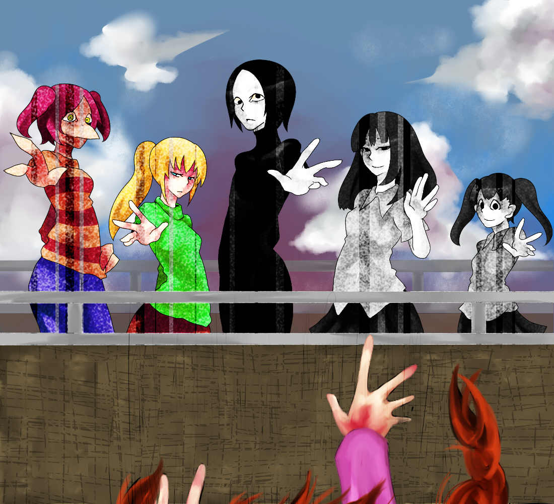 madotsuki, monoe, monoko, poniko, sekomumasada sensei, toriningen, yume nikki, 1boy, 5girls, balcony, black hair, blonde hair, blue eyes, crazy eyes, day, falling, multiple girls, pale skin, pants, pleated skirt, ponytail, reaching, shirt, skin tight, skirt, sky, striped clothes, striped shirt, suicide, turtleneck, twintails, yellow eyes