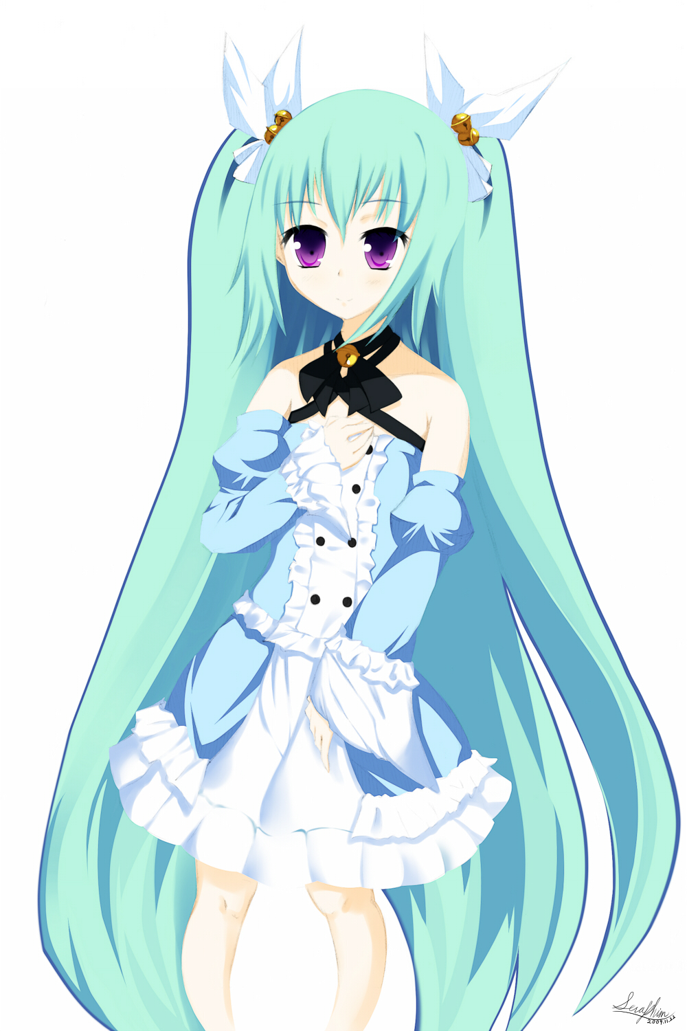 sera phim (at1992), seraphim (artist), ezekiel, ezekiel (osananajimi wa daitouryou), osananajimi wa daitouryou, bad id, bad pixiv id, highres, 1girl, aqua hair, bell, collar, detached sleeves, female focus, jingle bell, long hair, neck bell, purple eyes, ribbon, short twintails, solo, twintails, two side up, very long hair