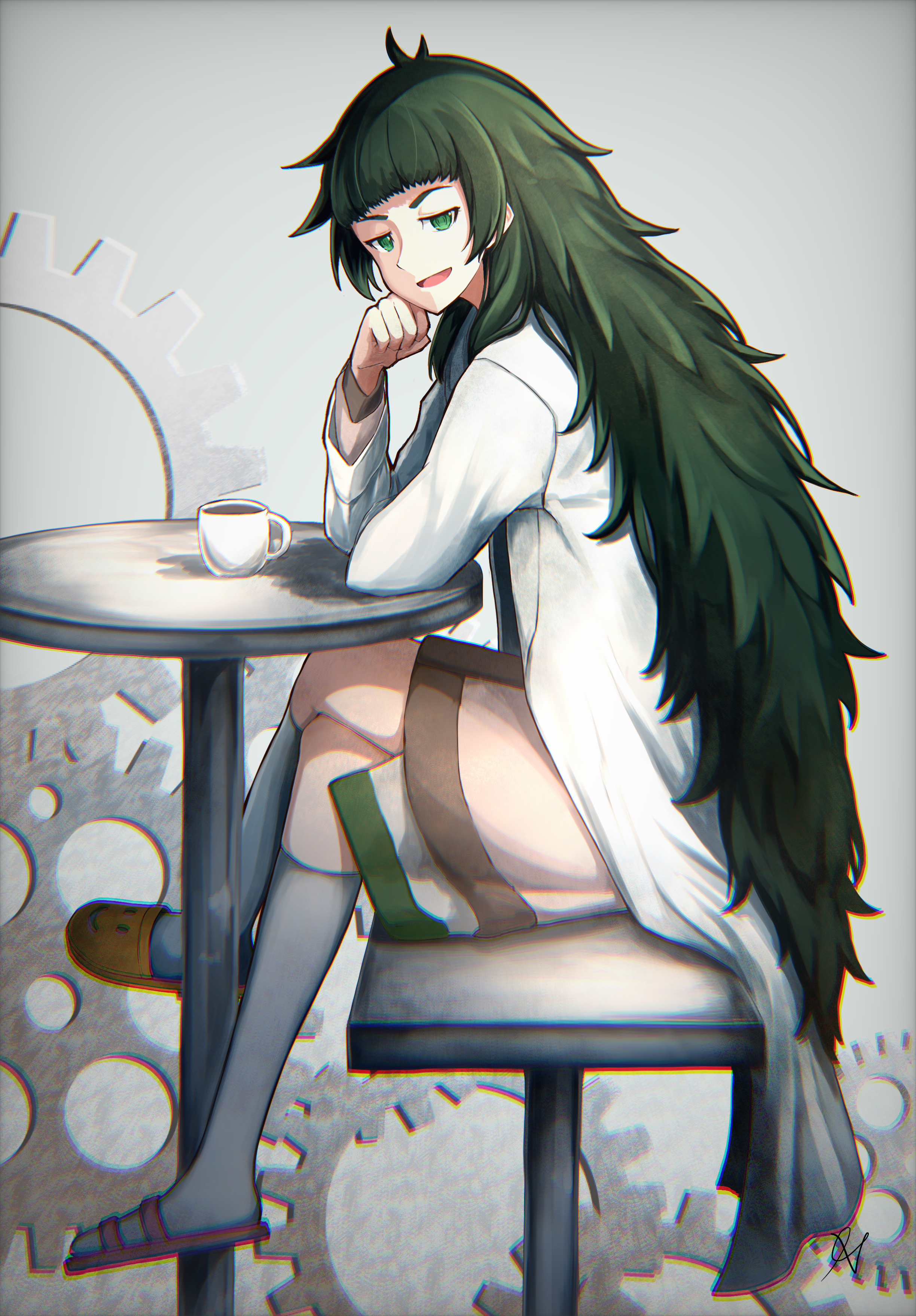 aoi hane, hiyajou maho, science adventure, steins;gate, steins;gate 0, absurdres, highres, 1girl, asymmetrical footwear, blunt bangs, brown jacket, cheek rest, coffee, coffee mug, cup, dress, from side, gears, green eyes, green hair, green trim, jacket, jacket over dress, kneehighs, lab coat, long hair, long sleeves, looking at viewer, messy hair, mismatched footwear, mug, open mouth, sitting, smug, socks, solo, table, tongue, very long hair, white socks