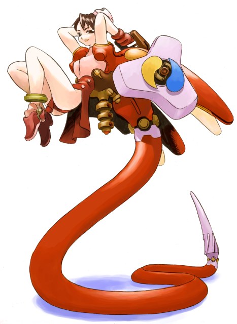 hirai yukio, original, archived source, bad link, 1girl, anklet, arms behind back, bare legs, breasts, brown eyes, brown hair, buttons, dynamic pose, gloves, gold anklet, half-closed eyes, high-waist skirt, jewelry, legs, lowered eyelids, machinery, mechanical tail, mechanical wings, medium breasts, miniskirt, pelvic curtain, pink shirt, red gloves, red shoes, red skirt, red sleeves, red tail, science fiction, shadow, shirt, shoes, short hair, short sleeves, simple background, skirt, smile, snake tail, solo, tail, teeth, white background, wings