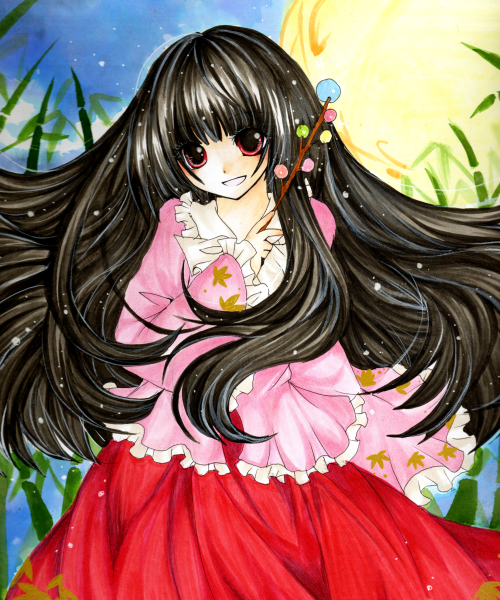 mizame, houraisan kaguya, touhou, 1girl, bamboo, bamboo forest, black hair, branch, female focus, forest, full moon, happy, jeweled branch of hourai, long hair, long sleeves, moon, nature, red eyes, shirt, skirt, smile, solo