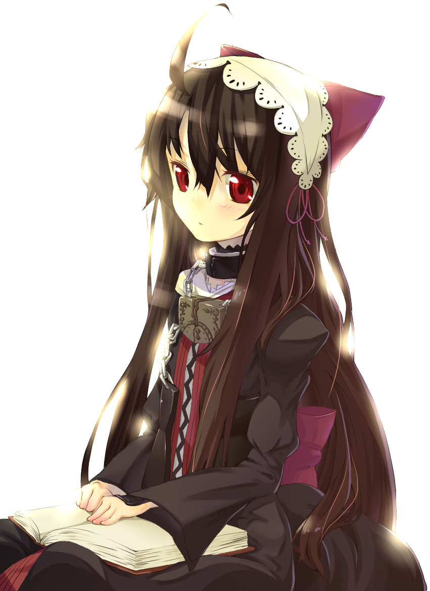 kazuma (kazumav), dalian, dantalian no shoka, 10s, 1girl, ahoge, blush, book, bow, brown hair, chain, collar, dress, female focus, gothic lolita, hair bow, hair ribbon, headdress, large bow, lock, lolita fashion, long hair, red eyes, ribbon, sitting, solo, very long hair