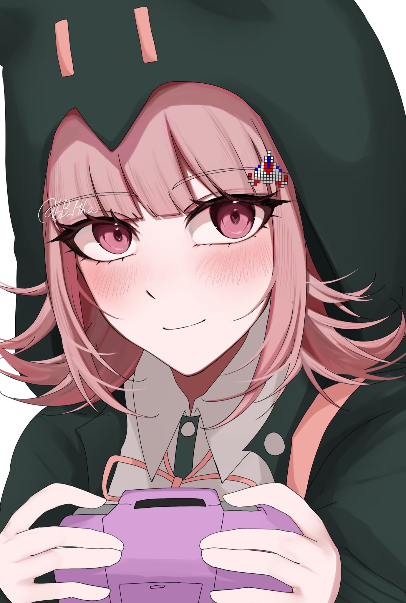 nanami chiaki, danganronpa (series), danganronpa 2: goodbye despair, highres, 1girl, bb 14ha, blush, brown hair, collared shirt, flipped hair, green jacket, hair ornament, handheld game console, holding, holding handheld game console, hood, hood up, jacket, long sleeves, looking at viewer, medium hair, neck ribbon, open clothes, open jacket, pink eyes, pink ribbon, ribbon, shirt, smile, solo, white shirt