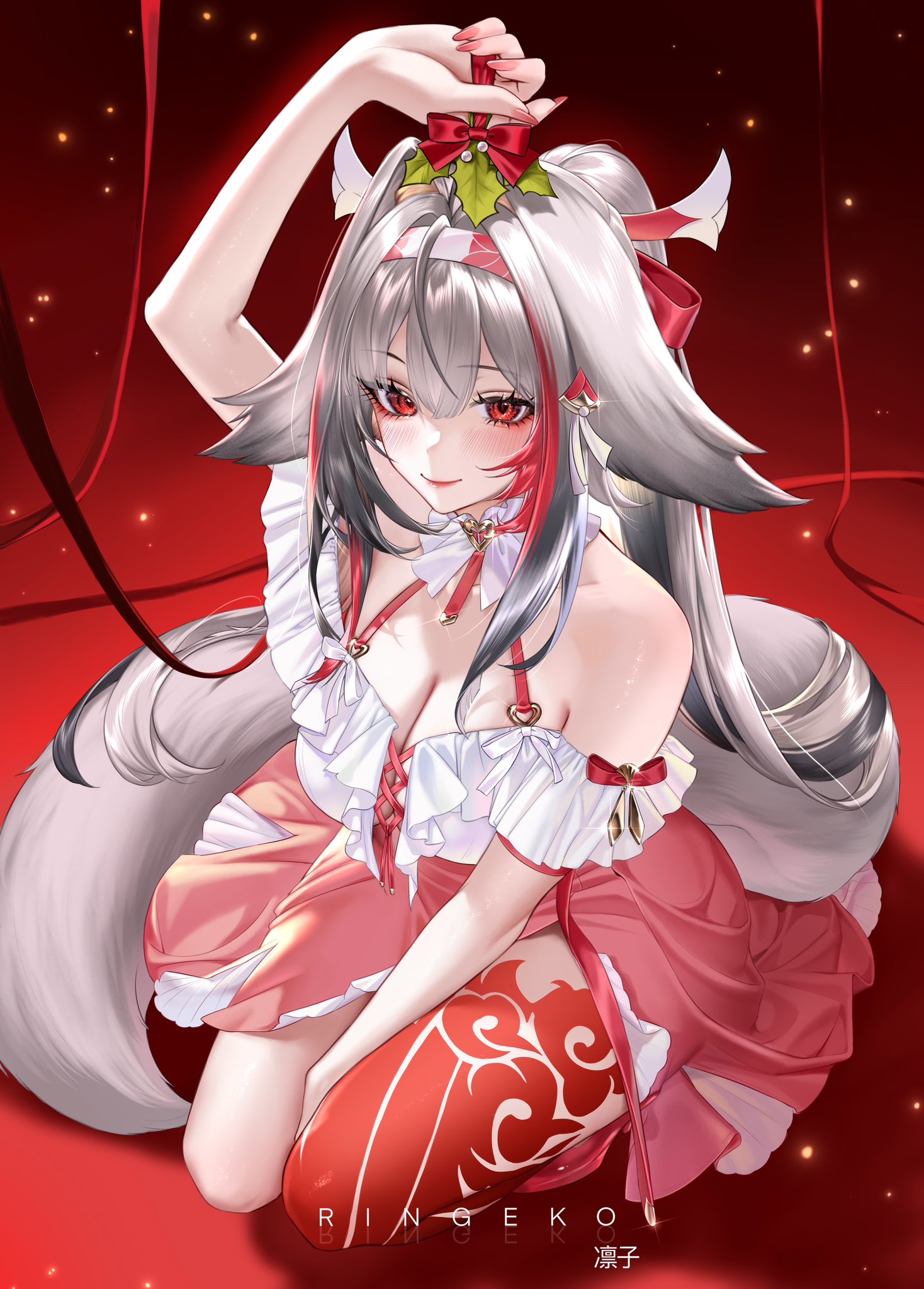 ringeko-chan, ye shunguang, ye shunguang (touch of dawnlight), zenless zone zero, commentary, highres, 1girl, arm up, artist name, bare shoulders, breasts, cleavage, closed mouth, fingernails, fox tail, hair flaps, hair ornament, hairband, large breasts, long fingernails, looking at viewer, official alternate costume, red background, red eyes, red skirt, shirt, skirt, smile, solo, squatting, tail, white hair, white hairband, white shirt