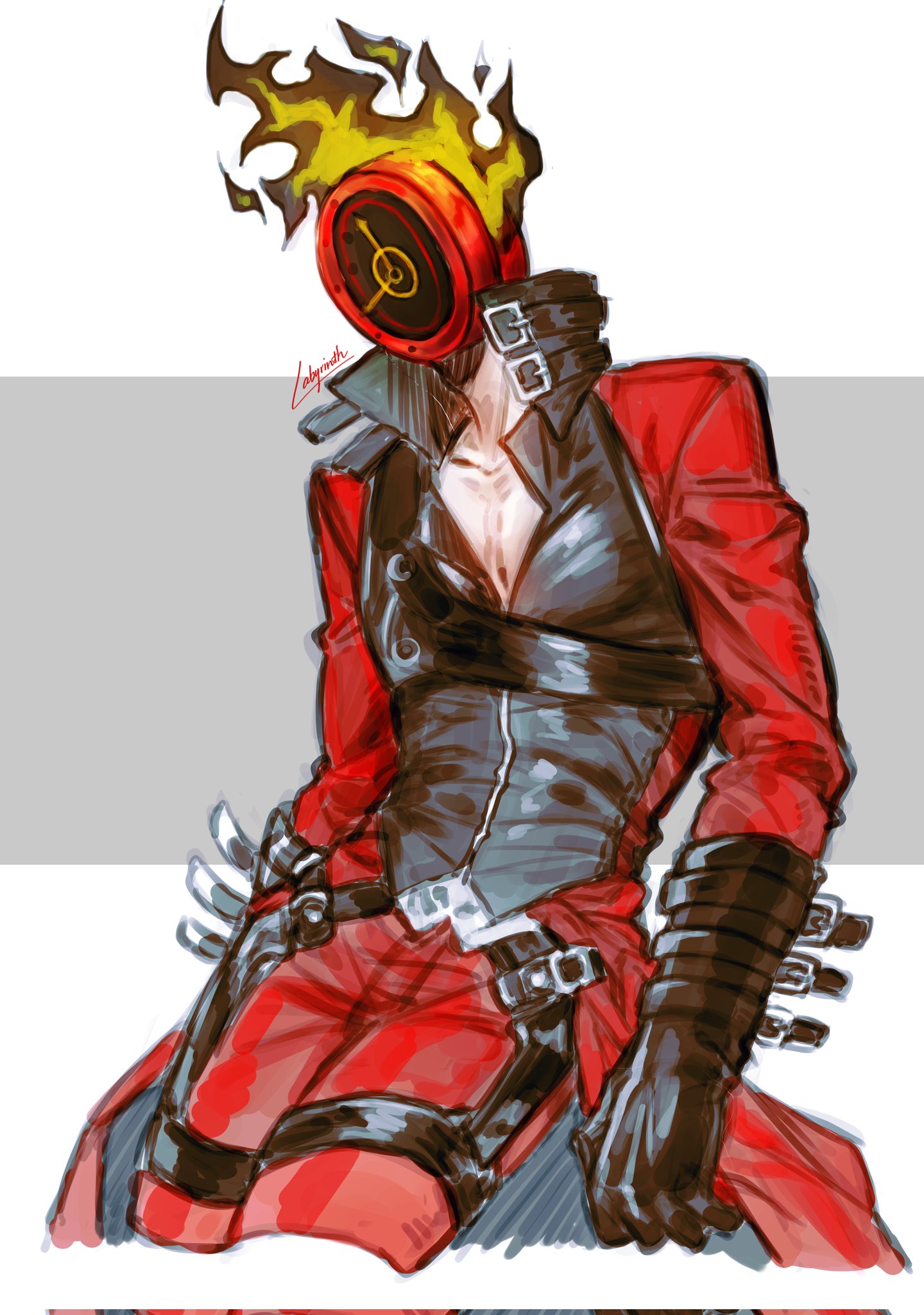 dante (devil may cry), dante (limbus company), devil may cry (series), limbus company, project moon, highres, 1boy, black vest, chest harness, clock, collarbone, cosplay, cowboy shot, dante (devil may cry) (cosplay), fire, genderswap, genderswap (otm), harness, jacket, labyrinth6868, male focus, name connection, object head, pants, red jacket, red pants, solo, thigh strap, vest