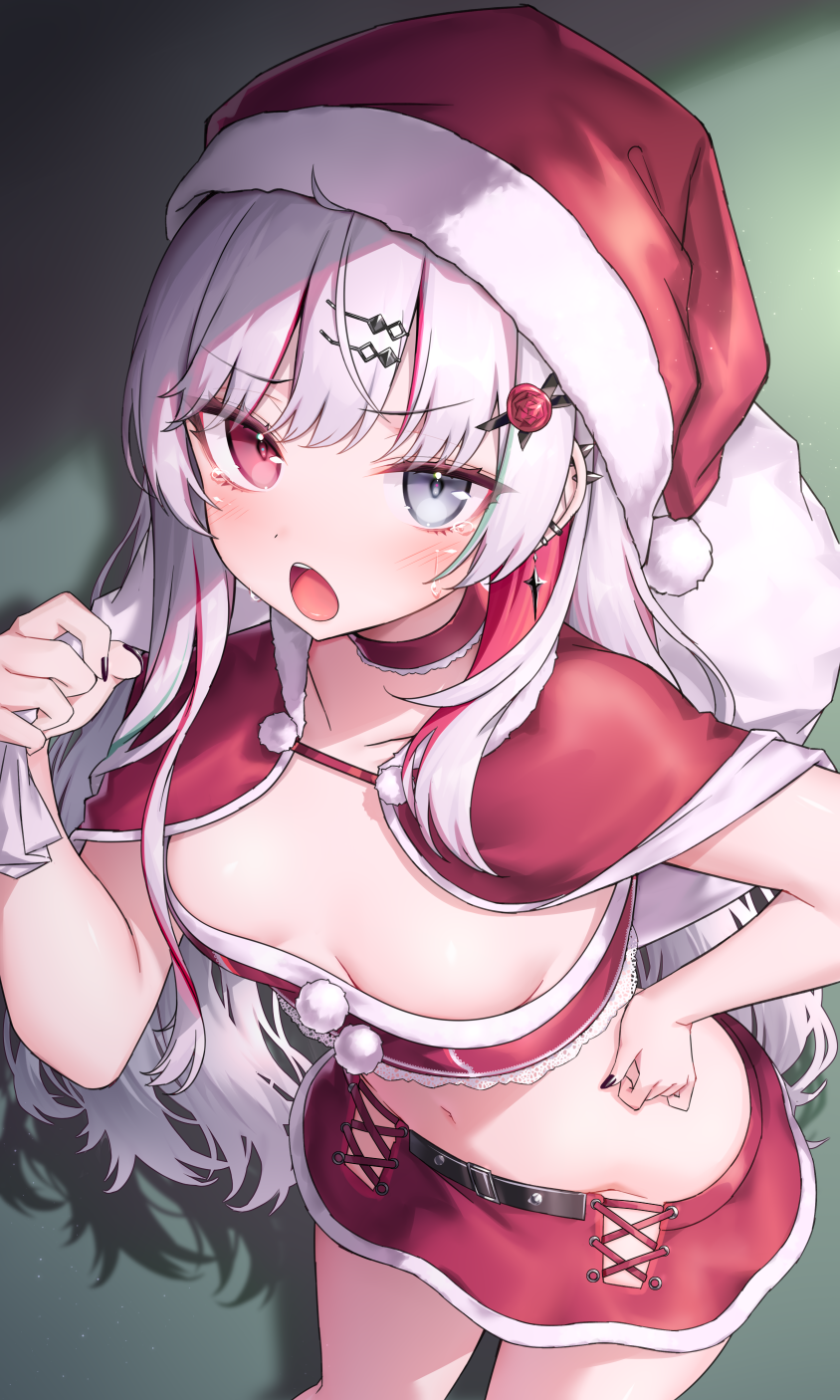 neit ni sei, ishigami nozomi, nijisanji, highres, 1girl, bandeau, black nails, breasts, capelet, choker, earrings, frown, grey eyes, hair ornament, hairclip, hat, heterochromia, holding, holding sack, jewelry, long hair, looking at viewer, midriff, miniskirt, nail polish, navel, open mouth, red bandeau, red capelet, red choker, red eyes, red hat, red skirt, sack, santa hat, skirt, small breasts, solo, stomach, strapless, sweatdrop, tube top, v-shaped eyebrows, very long hair, virtual youtuber, white hair