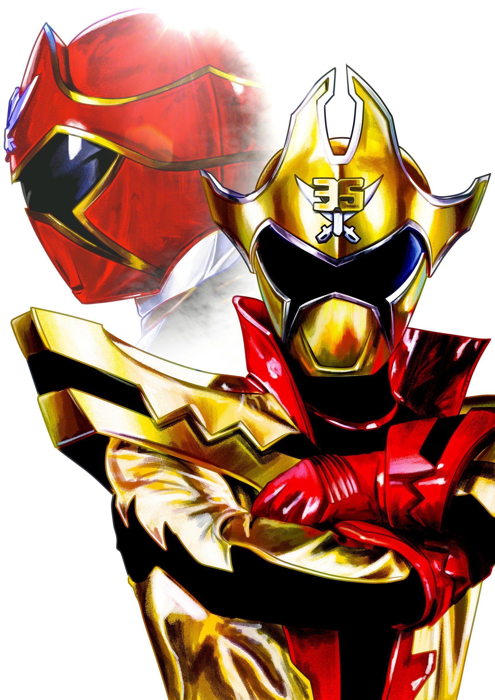 4ze meteor, gokai red, kaizoku sentai gokaiger, kikai sentai zenkaiger, super sentai, absurdres, highres, 2boys, armor, black bodysuit, bodysuit, crossed arms, gloves, gold helmet, helmet, male focus, multiple boys, profile, red gloves, red helmet, shoulder armor, simple background, twokaizer, upper body, white background, yellow bodysuit