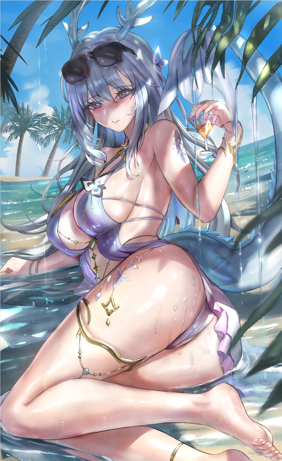 himonoata, fushu (duet night abyss), duet night abyss, highres, 1girl, ass, bare arms, bare shoulders, barefoot, blush, breasts, closed mouth, day, eyewear on head, feet, foot out of frame, grey hair, holding, jewelry, large breasts, long hair, looking at viewer, lying, ocean, official alternate costume, on side, palm tree, sideboob, solo, sunglasses, tail, thighlet, thighs, tree, water, wet