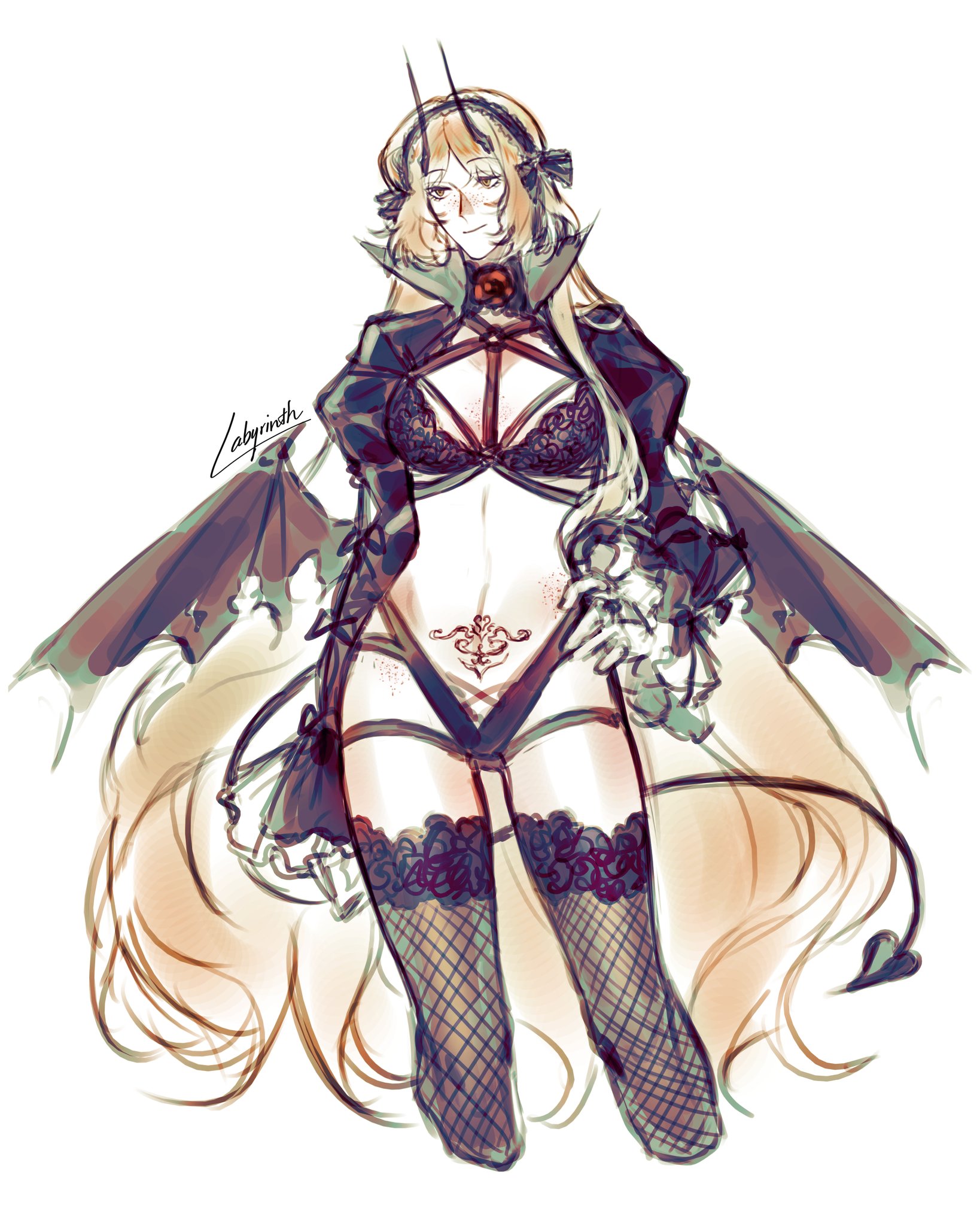 ishmael (project moon), limbus company, project moon, highres, 1girl, black bow, black bra, black choker, black panties, black shrug, black thighhighs, bow, bra, choker, closed mouth, demon girl, demon horns, demon tail, demon wings, fishnet thighhighs, fishnets, frilled sleeves, frills, gloves, green eyes, hair bow, horns, labyrinth6868, lace, lace-trimmed thighhighs, lace trim, long hair, low wings, orange hair, panties, pubic tattoo, shrug (clothing), sidelocks, simple background, smile, solo, tail, tattoo, thighhighs, underwear, very long hair, white background, white gloves, wings