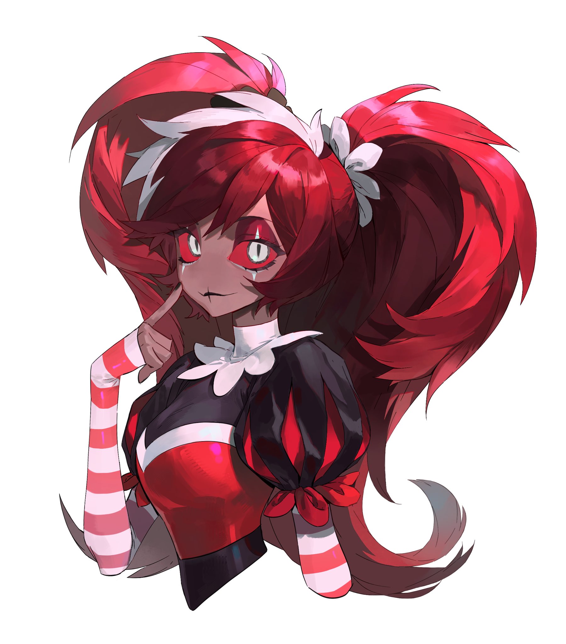velvette (hazbin hotel), hazbin hotel, hellaverse, commentary, highres, 1girl, black dress, breasts, closed mouth, colored sclera, cropped torso, dark-skinned female, dark skin, dress, fingerless gloves, gloves, large breasts, multicolored dress, nao hua, puffy short sleeves, puffy sleeves, red dress, red hair, red sclera, short sleeves, simple background, slit pupils, smile, striped clothes, striped gloves, twintails, upper body, white eyes, white hair
