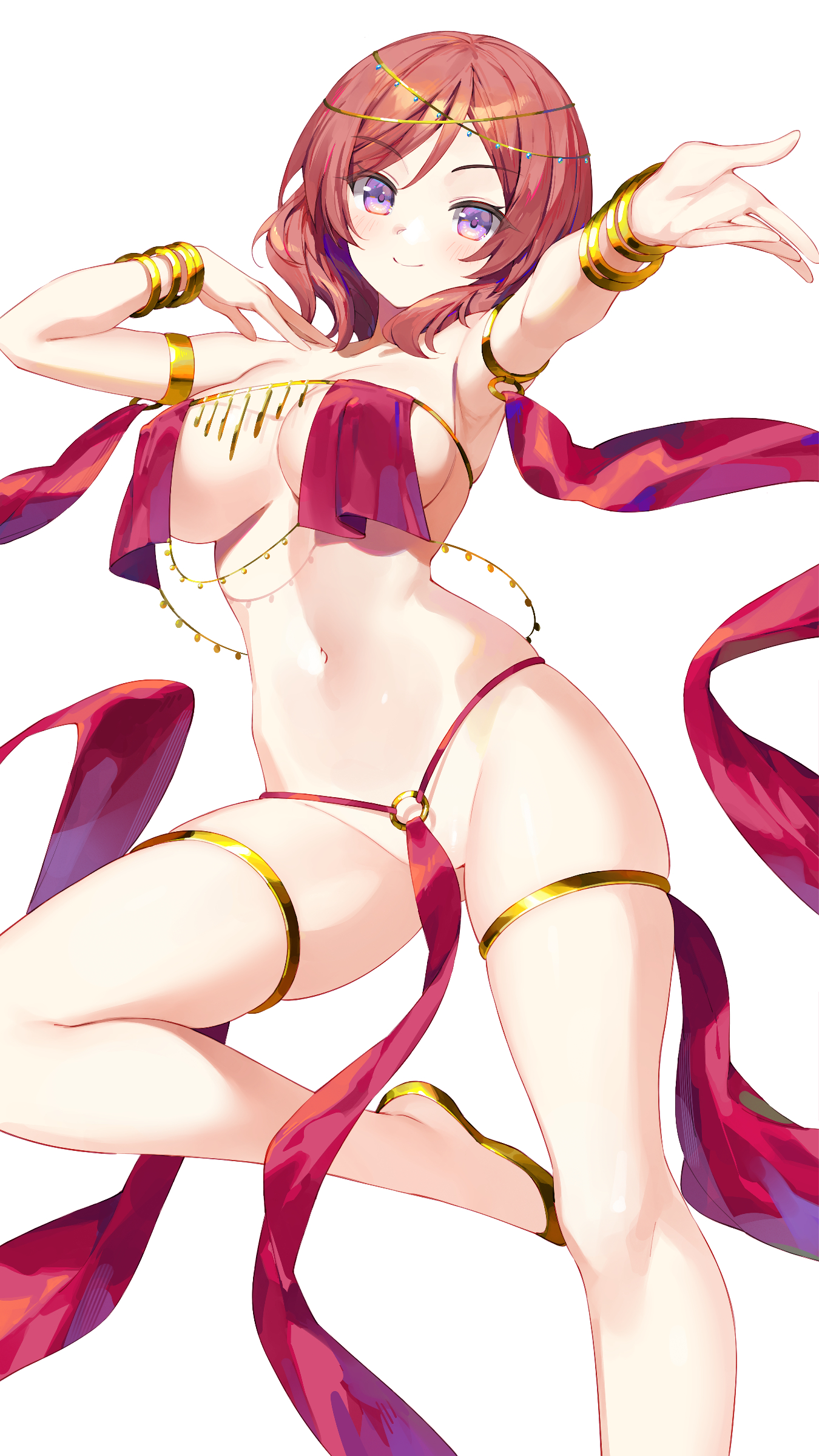 bucchake (asami), nishikino maki, love live!, love live! school idol project, absurdres, commentary request, highres, 1girl, armpits, arms up, bangle, bare shoulders, bracelet, breast curtains, breasts, cleavage, closed mouth, covered erect nipples, dancer, gold bracelet, jewelry, large breasts, leg up, looking at viewer, navel, no panties, outstretched arm, pelvic curtain, purple eyes, red hair, short hair, simple background, skindentation, smile, solo, standing, standing on one leg, stomach, thighlet, thighs, v-shaped eyebrows, white background