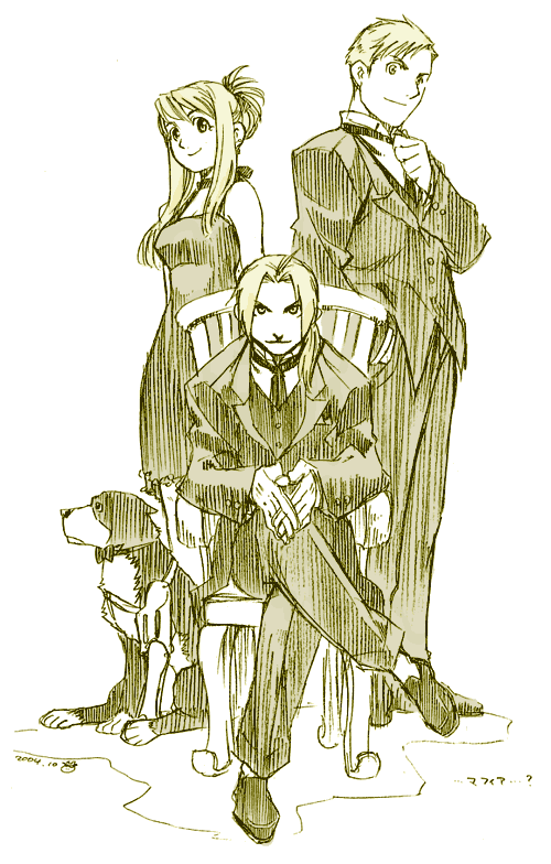 arakawa hiromu, alphonse elric, den (fma), edward elric, winry rockbell, fullmetal alchemist, derivative work, official art, 00s, 1girl, 2boys, arms at sides, blonde hair, bow, bowtie, brothers, chair, crossed legs, dated, dog, dress, earrings, formal clothes, gloves, interlocked fingers, jewelry, low ponytail, monochrome, multiple boys, own hands together, ponytail, siblings, simple background, sitting, sketch, socks, standing, stud earrings, suit, traditional bowtie, white background, yellow eyes, yellow theme