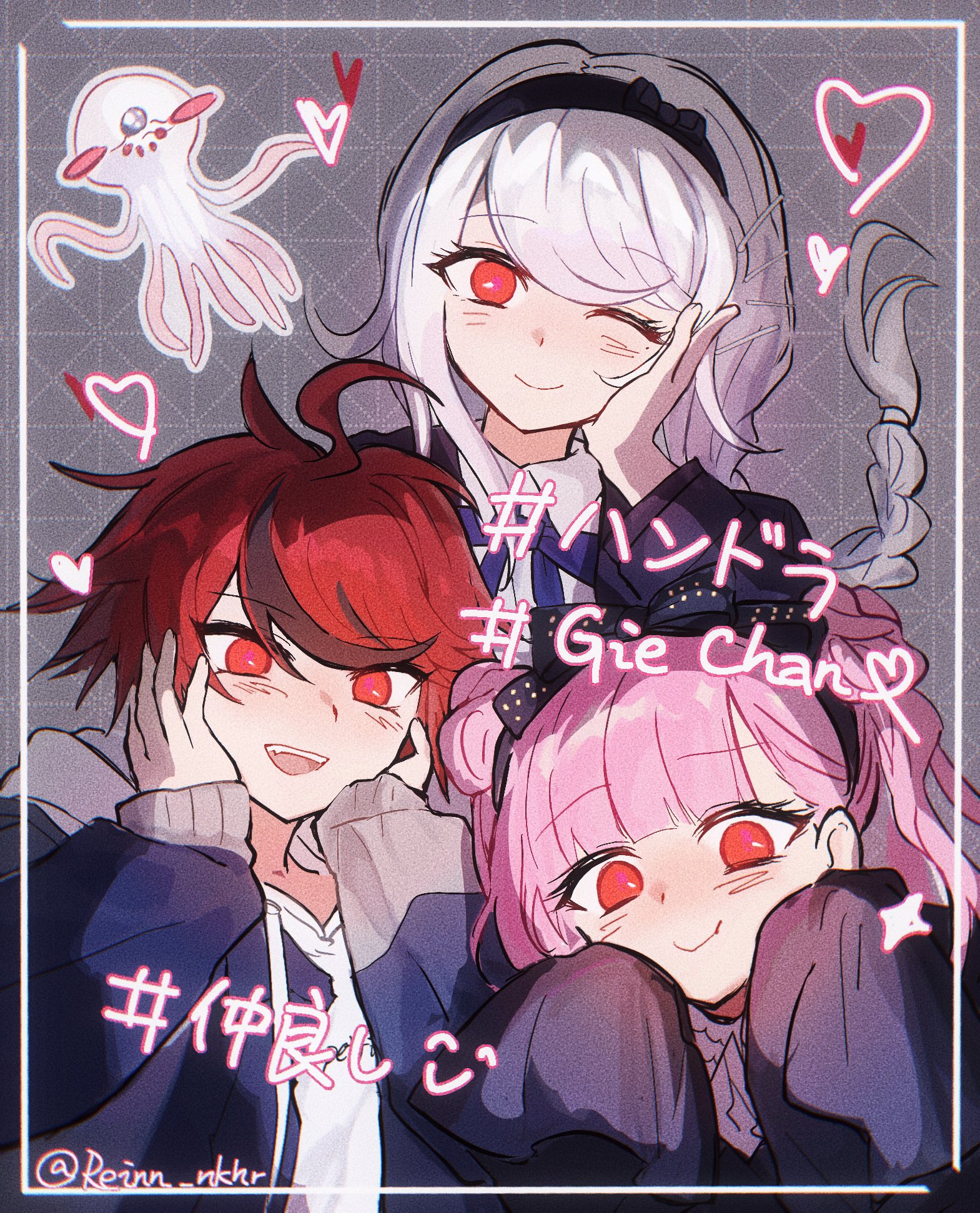 kirifuji nozomi, sumino takumi, tsukumo kako, the hundred line -last defense academy-, commentary request, highres, spoilers, 1boy, 2girls, :d, braid, double bun, fang, grey background, hair bun, looking at viewer, multiple girls, one eye closed, open mouth, pink hair, red eyes, red hair, reinn, sleeves past fingers, sleeves past wrists, smile, twintails, twitter username