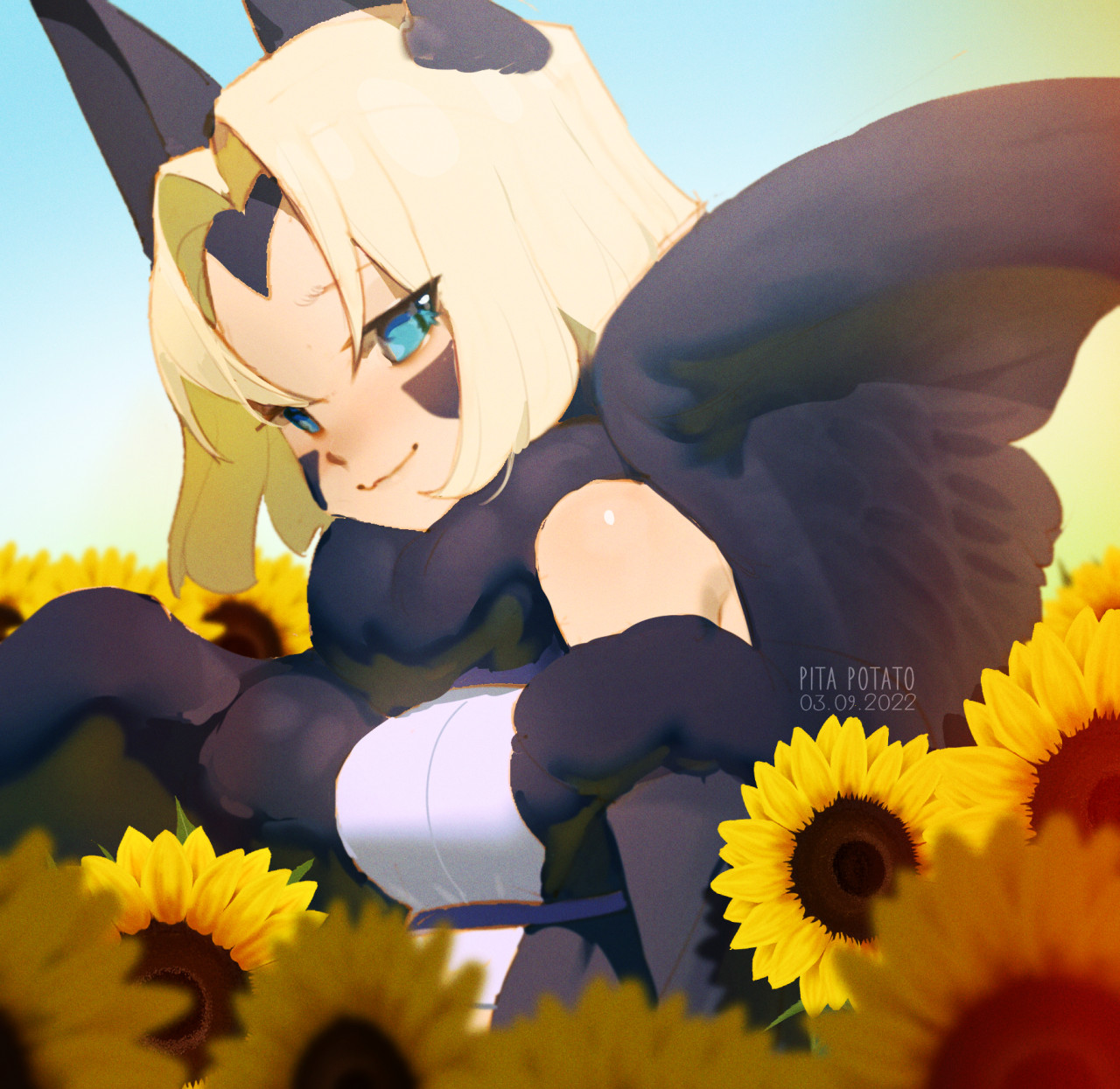 pita-potato, original, commentary, english commentary, highres, 1girl, animal ears, artist name, bare shoulders, blonde hair, blue eyes, blush, breasts, cat girl, closed mouth, dated, field, flower, flower field, from side, medium breasts, parted bangs, senura (pita-potato), shiny skin, short hair, smile, sphinx, sunflower, sunflower field, upper body, wings