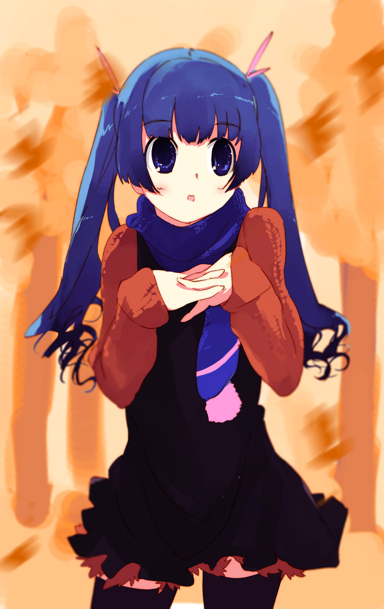 kitano yuusuke, highres, :o, autumn, blue eyes, blue hair, dress, long hair, scarf, solo, sweater, thighhighs, twintails, zettai ryouiki