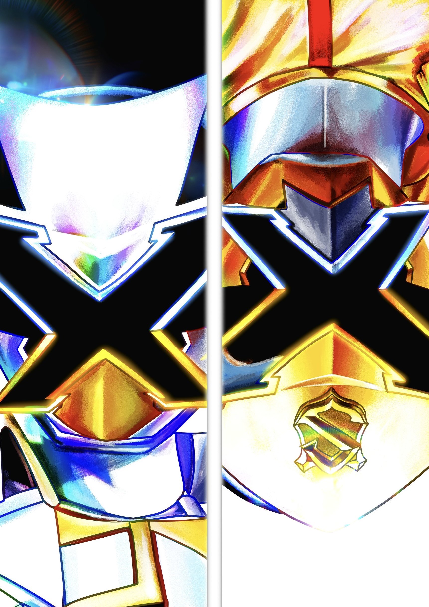 4ze meteor, kaitou sentai lupinranger vs. keisatsu sentai patranger, super sentai, absurdres, highres, 1boy, coat, gold helmet, grey armor, grey helmet, helmet, lupin x, patren x, rotational symmetry, silver armor, yellow coat, yellow helmet