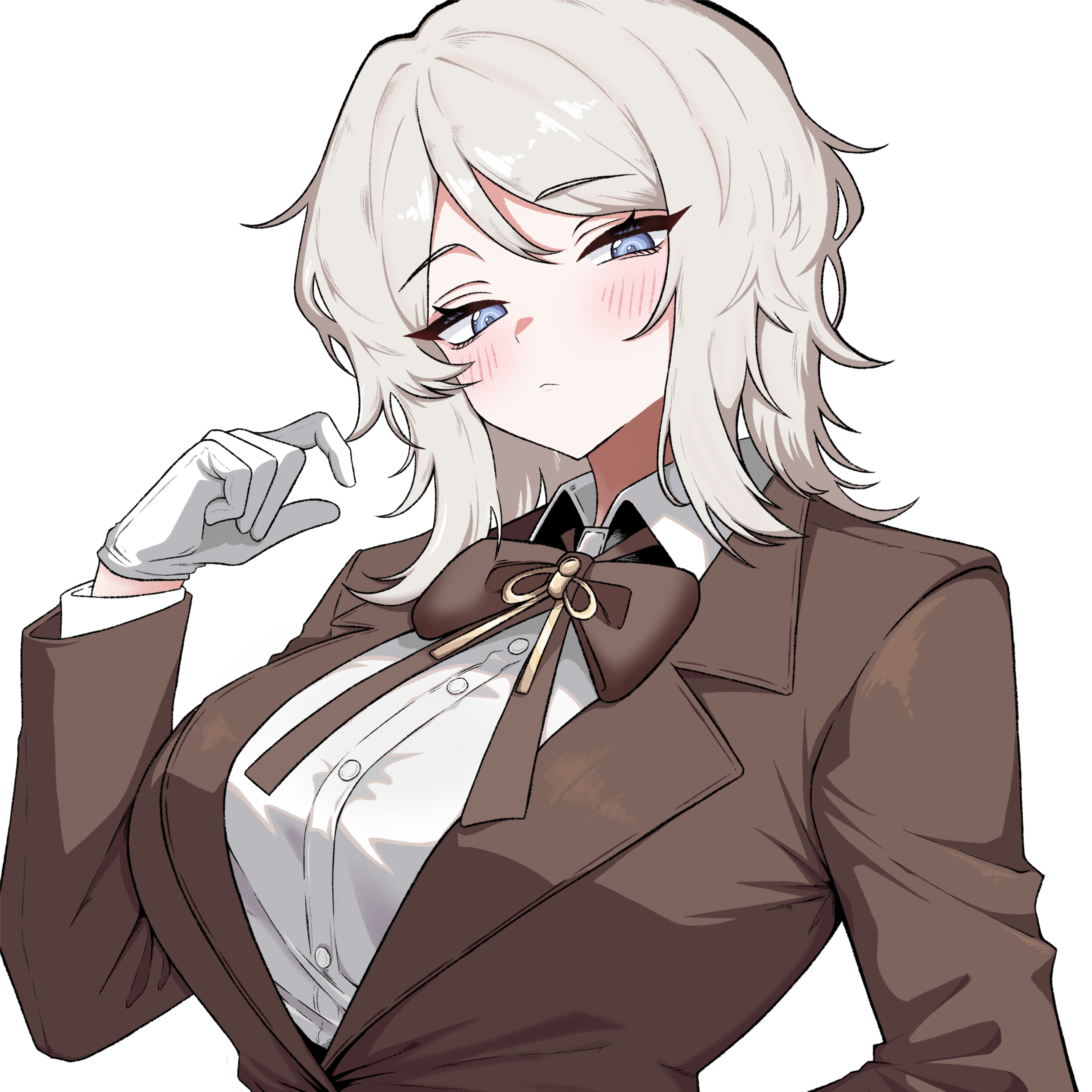 user pstz8335, faust (project moon), limbus company, project moon, absurdres, highres, 1girl, blue eyes, blush, bow, bowtie, breasts, brown bow, brown bowtie, brown jacket, butler, buttons, closed mouth, collared shirt, female butler, gloves, jacket, lapels, large breasts, long sleeves, notched lapels, shirt, short hair, simple background, solo, white background, white gloves, white hair, white shirt
