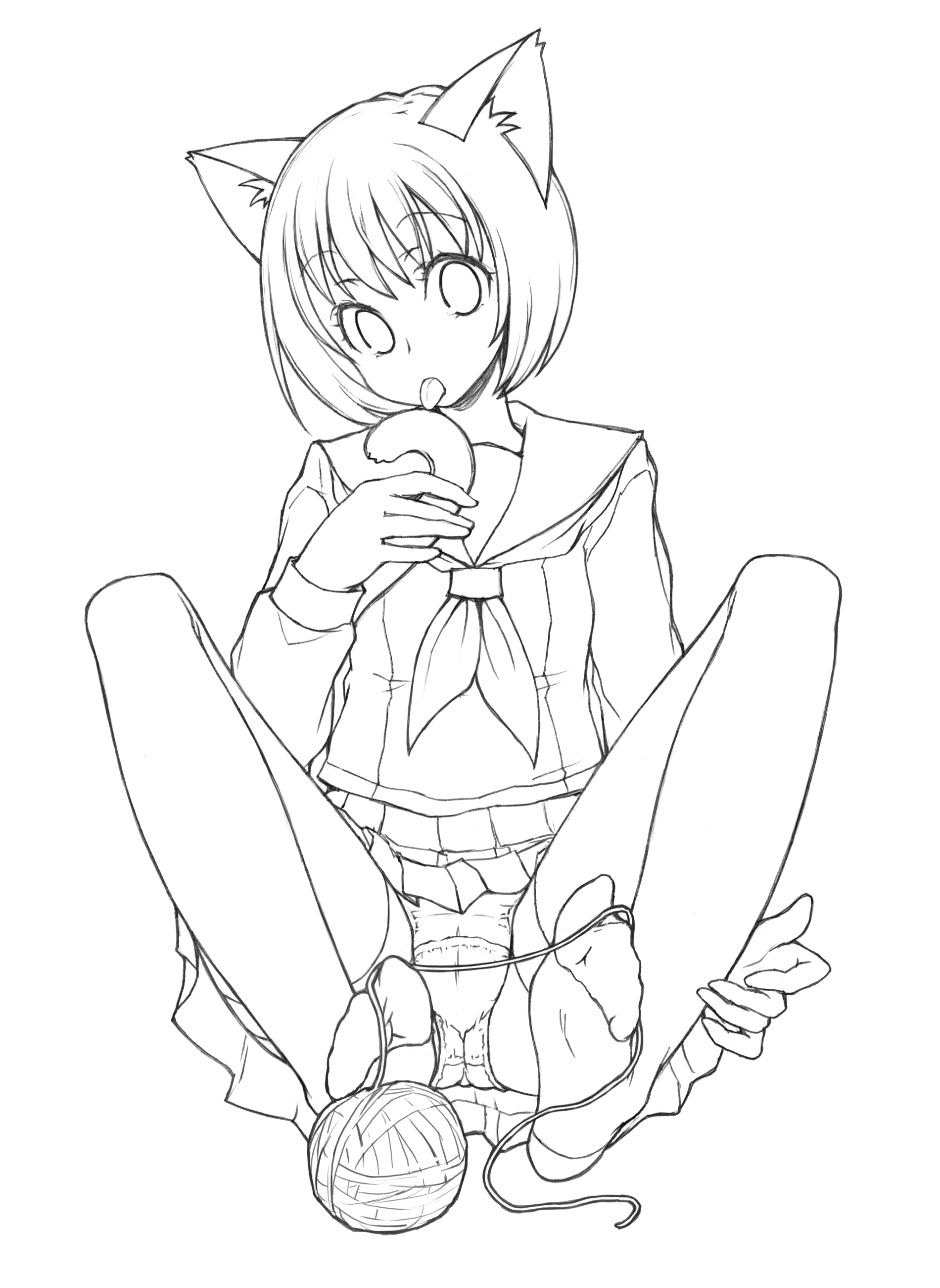 kimarin, original, absurdres, highres, 1girl, animal ears, feet, female focus, greyscale, licking, lineart, monochrome, panties, panties under pantyhose, pantyhose, pantyshot, school uniform, short hair, skirt, soles, solo, tail, thighband pantyhose, thread, tongue, underwear, upskirt