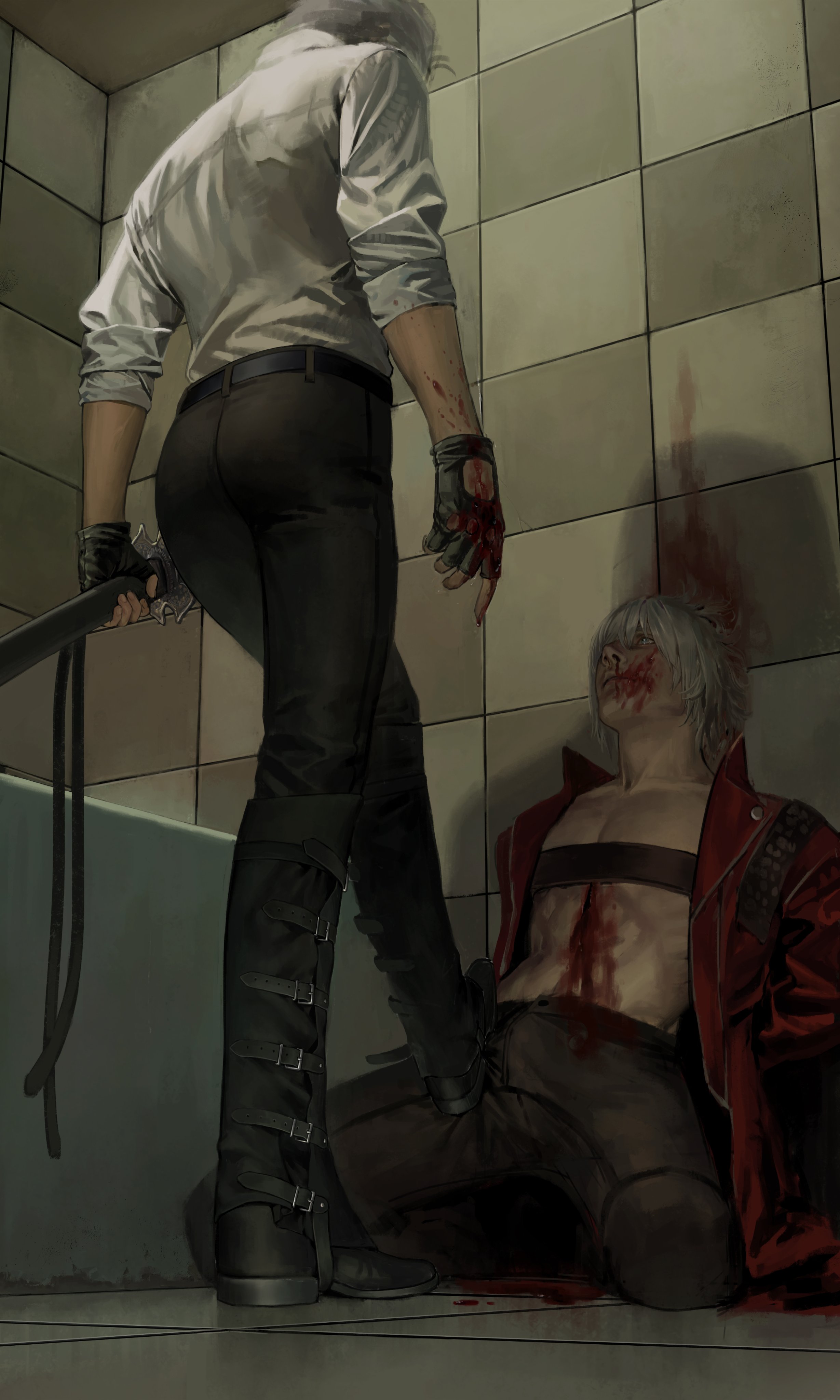 maozhu, dante (devil may cry), vergil (devil may cry), devil may cry (series), devil may cry 5, absurdres, highres, 2boys, arms behind back, ass, bare pectorals, black boots, black pants, blood, blood on body, blood on face, blood on ground, blood on hands, boots, bulge, coat, collarbone, grey hair, injury, looking up, male focus, multiple boys, nosebleed, pants, pectorals, red coat, shirt, short hair, stepped on, tile wall, tiles, white shirt, yaoi