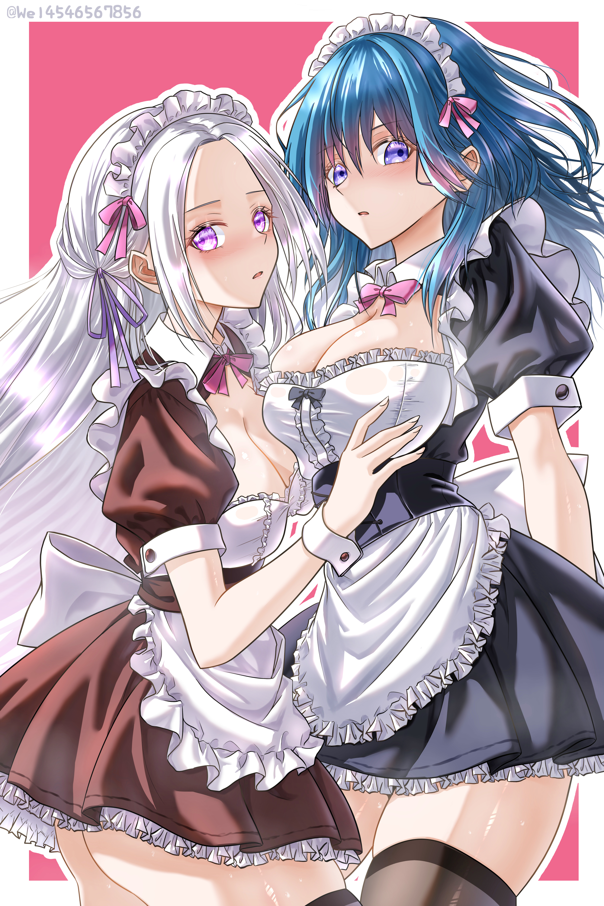 edelgard von hresvelg, female byleth (fire emblem), fire emblem, fire emblem: three houses, nintendo, absurdres, commentary request, highres, 2girls, alternate costume, apron, ass, asymmetrical docking, black dress, black thighhighs, blue eyes, blue hair, bow, bowtie, breast press, breasts, brown dress, cleavage, dress, enmaided, hair ribbon, large breasts, long hair, maid, maid apron, maid headdress, medium breasts, medium hair, multiple girls, puffy short sleeves, puffy sleeves, purple bow, purple bowtie, purple eyes, purple ribbon, red background, ribbon, short sleeves, skindentation, thick thighs, thighhighs, thighs, wade (njud8343), waist apron, white hair