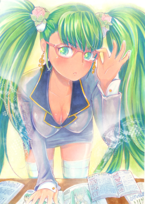 mayo riyo, hatsune miku, vocaloid, bad id, bad pixiv id, 1girl, :<, adjusting eyewear, bent over, bespectacled, blush, breasts, cleavage, downblouse, earrings, female focus, glasses, green eyes, green hair, jewelry, leaning forward, long hair, matching hair/eyes, solo, thighhighs, twintails, white thighhighs, zettai ryouiki