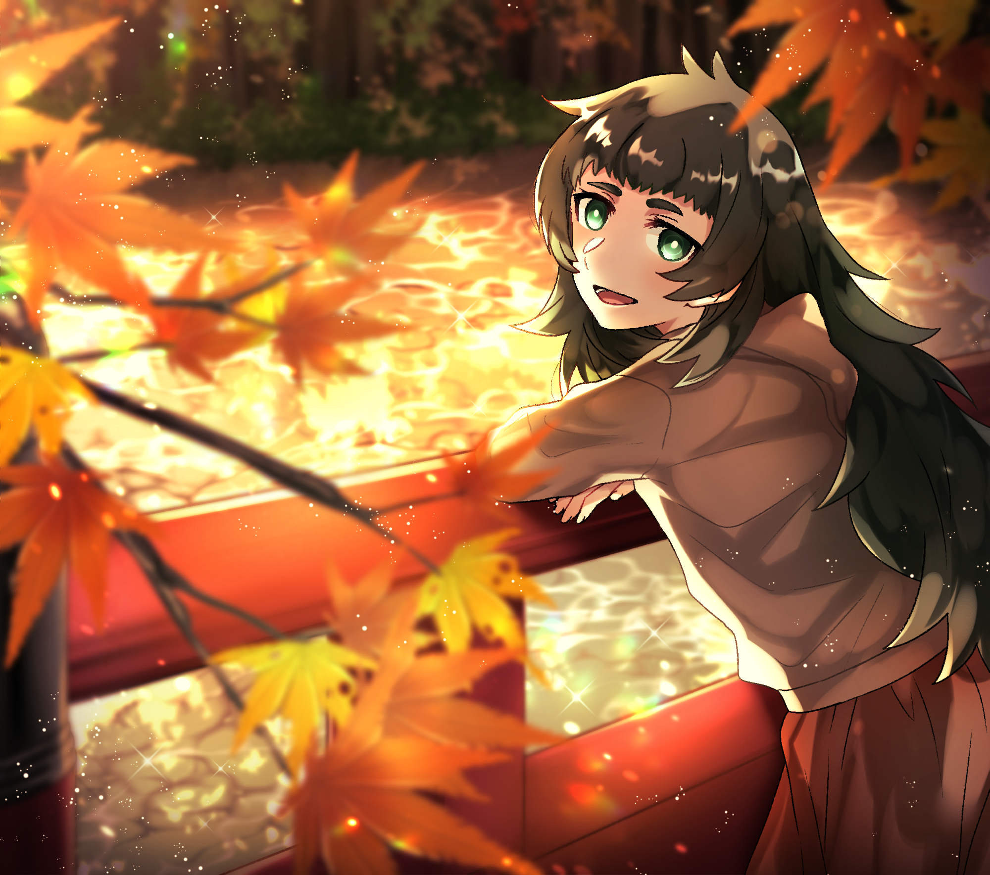 mady (madine08260), hiyajou maho, science adventure, steins;gate, steins;gate 0, highres, 1girl, :d, against fence, autumn, autumn leaves, blunt bangs, blurry, blurry foreground, falling leaves, fence, green eyes, green hair, jacket, leaf, leaning on object, long hair, long sleeves, looking at viewer, maple leaf, messy hair, open mouth, outdoors, smile, solo, very long hair