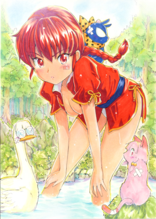 mayo riyo, hibiki ryouga, mousse (duck) (ranma 1/2), mousse (ranma 1/2), p-chan, ranma-chan, saotome ranma, shampoo (ranma 1/2), ranma 1/2, bad id, bad pixiv id, gender request, 1girl, animal, bandaid, bell, bird, blush, braid, cat, duck, forest, genderswap, glasses, hair bell, hair ornament, nature, no bra, no pants, open clothes, open shirt, panties, ponytail, red eyes, red hair, shirt, single braid, underwear, wading, water, wet, white panties