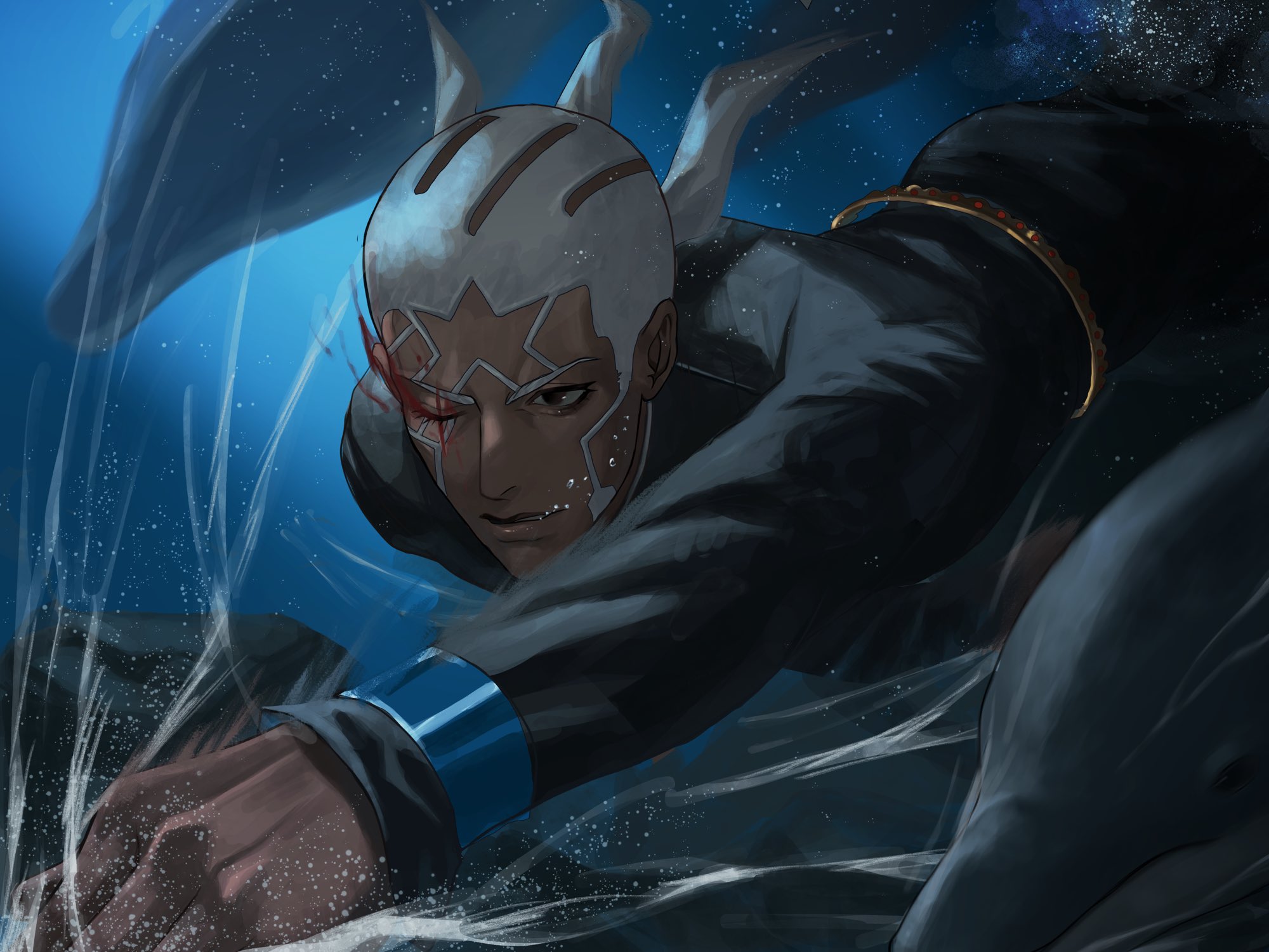 enrico pucci, jojo no kimyou na bouken, stone ocean, highres, 1boy, black eyes, black robe, blood, blood on face, bloody tears, buzz cut, cassock, dark-skinned male, dark skin, dolphin, facial hair, long sideburns, long sleeves, low ponytail, male focus, one eye closed, ponytail, priest, robe, rr9pt76u5phwgqx, short hair, sideburns, solo, underwater, very short hair, white hair, wristband
