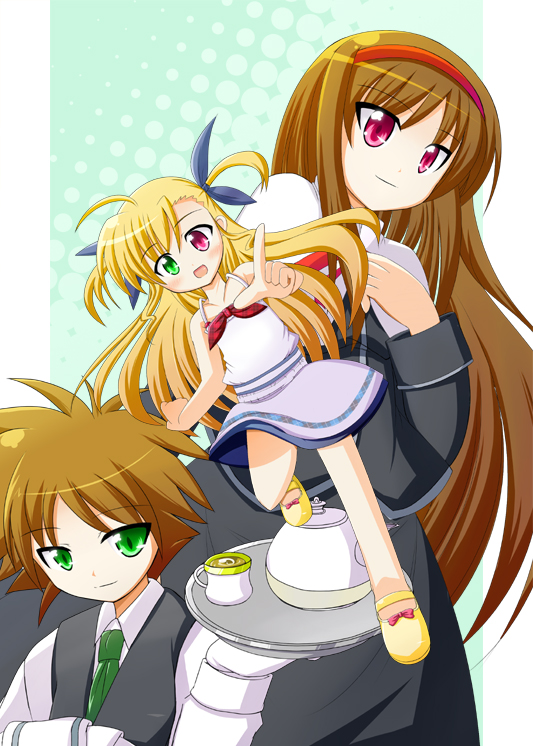 cotonpot, deed (nanoha), numbers (nanoha), otto (nanoha), vivio, lyrical nanoha, mahou shoujo lyrical nanoha, mahou shoujo lyrical nanoha strikers, 00s, 3girls, blonde hair, brown hair, green eyes, heterochromia, long hair, multiple girls, red eyes, reverse trap, short hair