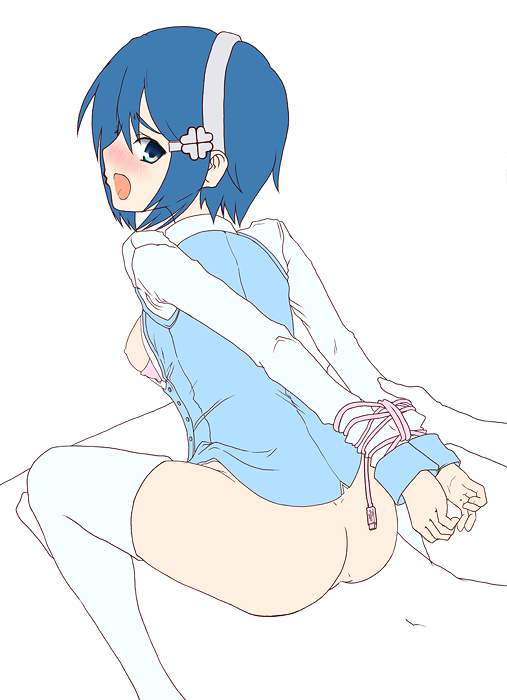 osaru+1, 7-tan, madobe nanami, os-tan, bad id, bad pixiv id, 1girl, arms behind back, ass, bdsm, blue eyes, blue hair, blush, bondage, bottomless, bound, bound wrists, breasts, girl on top, matching hair/eyes, nipples, reverse cowgirl position, sex, sex from behind, small breasts, solo, solo focus, straddling, thighhighs, usb