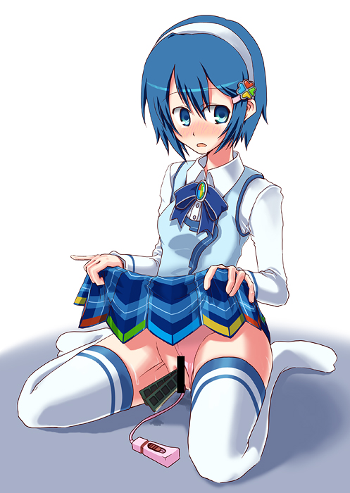 osaru+1, 7-tan, madobe nanami, os-tan, plaid, blue eyes, blue hair, blush, censored, clothes lift, panties, pussy, sex toy, skirt, skirt lift, solo, thighhighs, underwear, vibrator