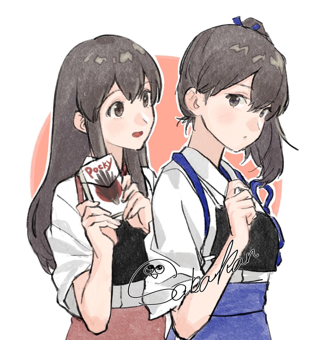 akagi (kancolle), kaga (kancolle), kantai collection, commentary request, 2girls, brown eyes, brown hair, food, hand up, japanese clothes, kimono, long hair, looking at another, medium hair, multiple girls, muneate, open mouth, parted lips, pocky, sabakanbasupisu, short sleeves, side ponytail, signature, simple background, smile, upper body, white kimono