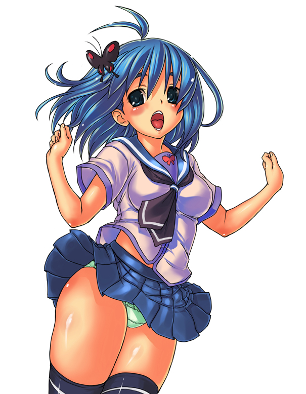 rokko, original, bad id, bad pixiv id, blue hair, blush, green eyes, handkerchief, panties, pantyshot, school uniform, skirt, solo, thighhighs, thighs, underwear, wind, wind lift