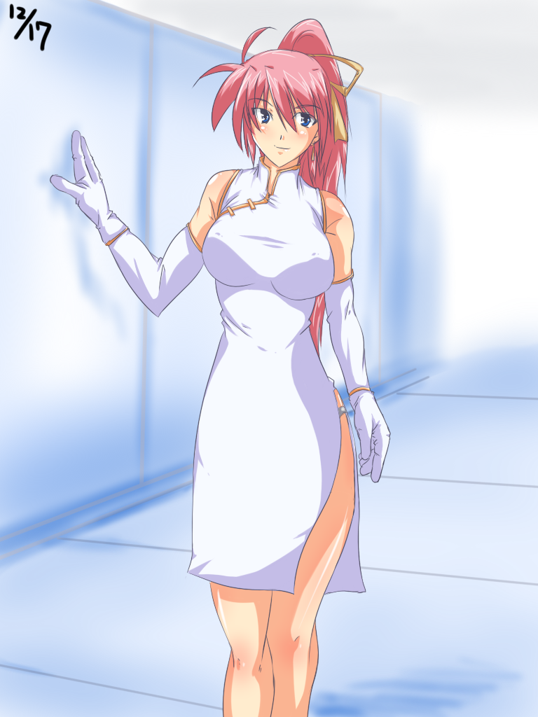 kouenji, kouenji (crispina), signum, lyrical nanoha, mahou shoujo lyrical nanoha, mahou shoujo lyrical nanoha a's, mahou shoujo lyrical nanoha strikers, 00s, 1girl, breasts, china dress, chinese clothes, dress, elbow gloves, female focus, gloves, indoors, long hair, pink hair, ponytail, solo