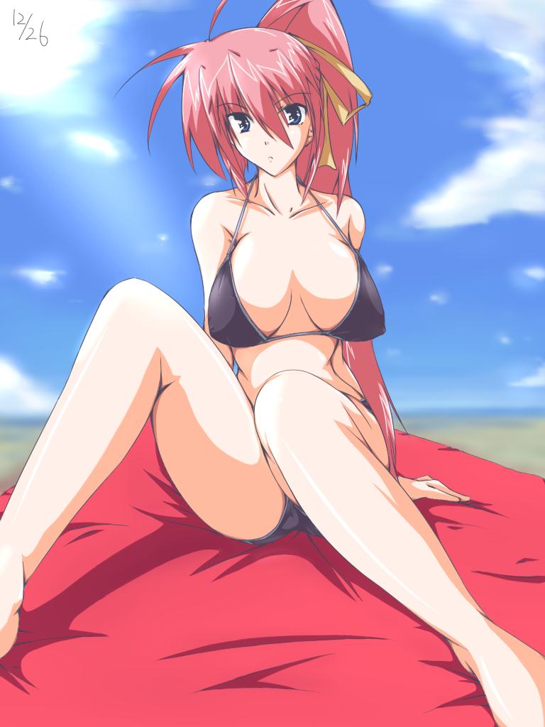 kouenji, kouenji (crispina), signum, lyrical nanoha, mahou shoujo lyrical nanoha, mahou shoujo lyrical nanoha a's, mahou shoujo lyrical nanoha strikers, 00s, 1girl, barefoot, bikini, black bikini, blue eyes, breasts, day, female focus, large breasts, legs, pink hair, solo, swimsuit, thighs