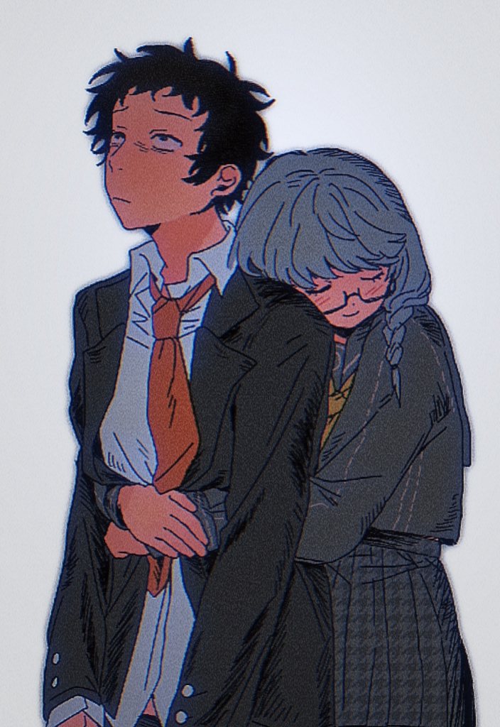 adachi tooru, narukami yu, persona, persona 4, commentary request, 2boys, black hair, black jacket, braid, closed mouth, collared shirt, crossdressing, crossdressing (mtf), glasses, grey hair, grey shirt, grey skirt, hug, hug from behind, jacket, long sleeves, male focus, messy hair, multiple boys, neckerchief, necktie, red necktie, school uniform, shirt, short hair, skirt, smile, trap, unamused, yaoi, yasogami school uniform, yellow neckerchief, you (513310351)