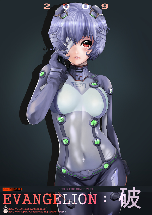 ukero, ayanami rei, neon genesis evangelion, rebuild of evangelion, 00s, 1girl, 2009, bandage over one eye, blue hair, blush, breasts, eyepatch, female focus, large breasts, lipstick, makeup, mecha pilot suit, navel, plugsuit (evangelion), purple hair, red eyes, short hair, skin tight, solo, test plugsuit (evangelion)