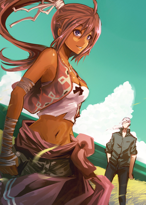 ochakai shin'ya, enlike bishile, noloty, noloty malche, zatoh, zatoh rondohoon, tatakau shisho, bad id, bad pixiv id, 00s, 1boy, 1girl, dark skin, midriff, ponytail, ribbon