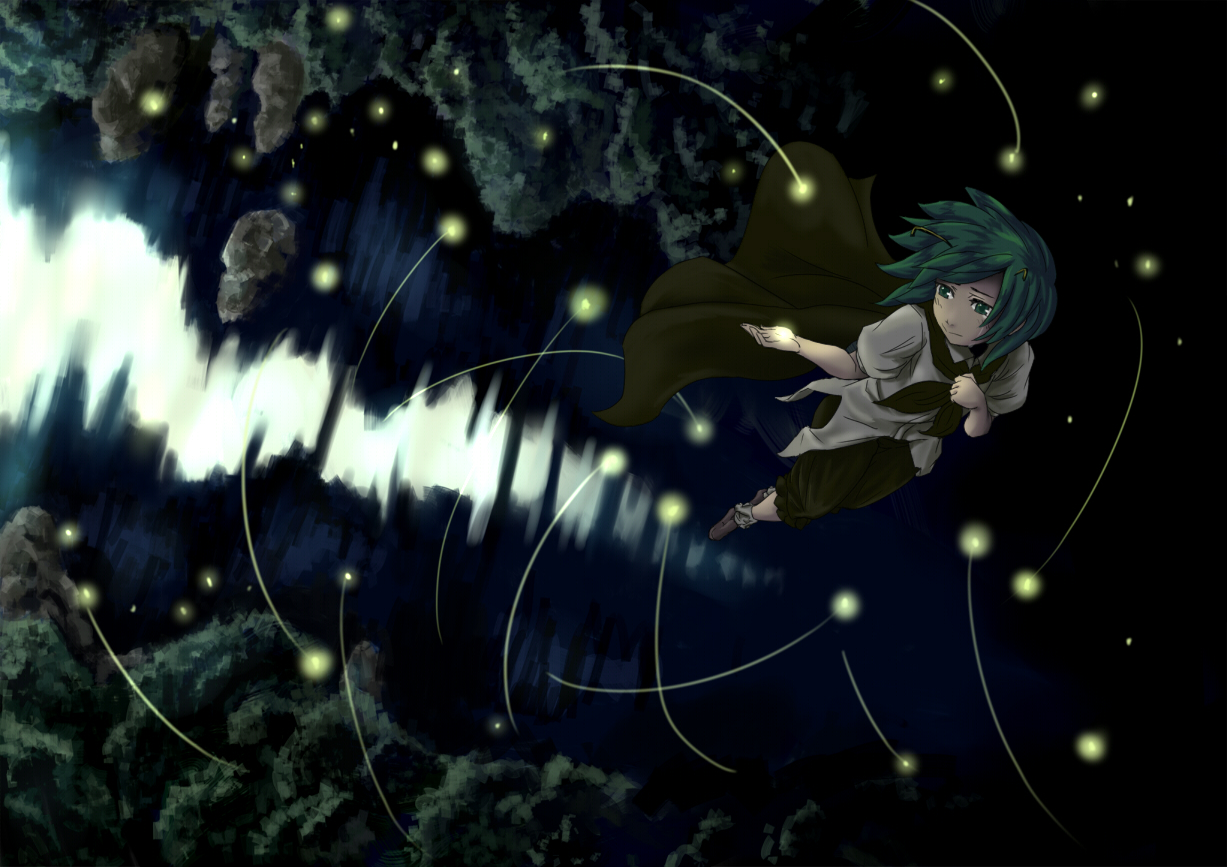 kouzilow, wriggle nightbug, touhou, light, bad id, bad pixiv id, 1girl, androgynous, antennae, bug, cape, female focus, fireflies, firefly, forest, green eyes, green hair, matching hair/eyes, nature, short hair, solo, tears