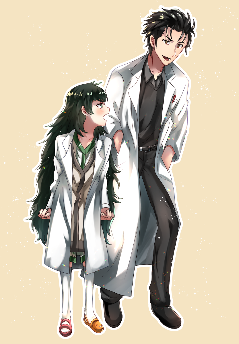 mady (madine08260), hiyajou maho, okabe rintarou, okabe rintarou (beta), science adventure, steins;gate, steins;gate 0, highres, 1boy, 1girl, angry, asymmetrical footwear, beard stubble, black pants, black shoes, blunt bangs, blush, collarbone, dress, facial hair, full body, green eyes, green hair, hands in pockets, jacket over dress, kneehighs, lab coat, long hair, long sleeves, looking at another, messy hair, mismatched footwear, pants, shoes, short hair, smile, smug, socks, solo, sparkle, stubble, very long hair, white socks