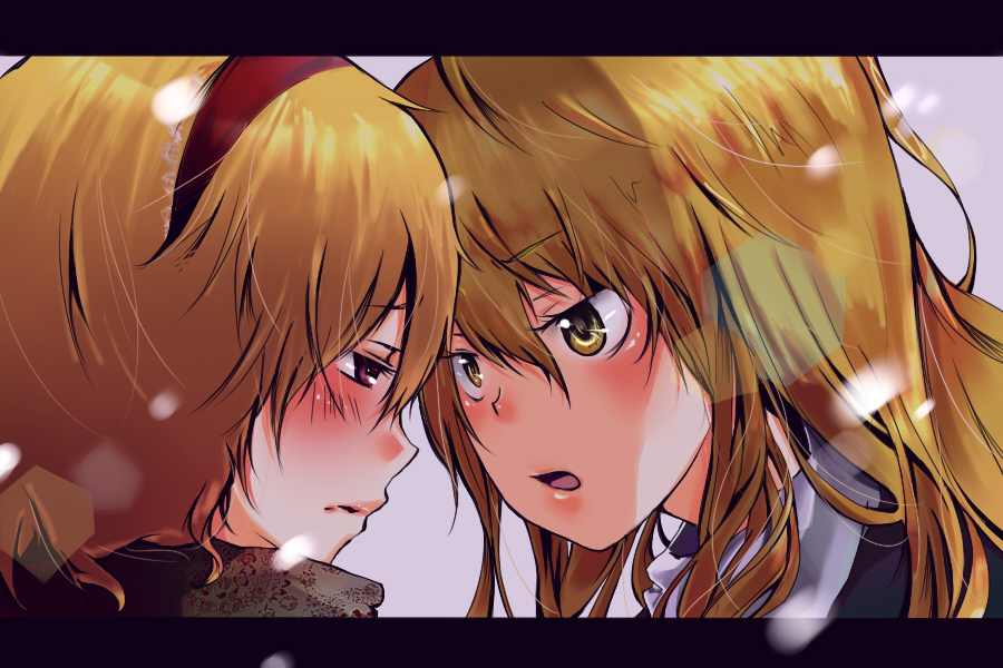 yoshino nase, alice margatroid, kirisame marisa, touhou, bad id, bad pixiv id, 2girls, blonde hair, female focus, hairband, letterboxed, multiple girls, red eyes, short hair, yellow eyes