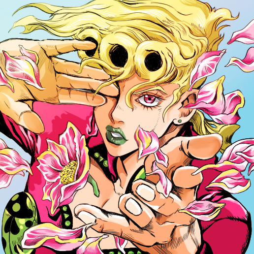 giorno giovanna, jojo no kimyou na bouken, vento aureo, comic cover redraw, derivative work, hashtag-only commentary, 1boy, blonde hair, earrings, fingernails, flower, green lips, high collar, jacket, jewelry, jojo pose, ladybug brooch, looking at viewer, makeup, male focus, nogold a, parted lips, petals, pink eyes, pink flower, pink jacket, solo, stud earrings, teeth, upper body, victory rolls