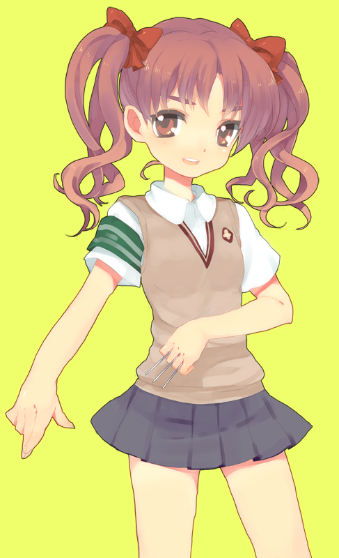 dadami, shirai kuroko, toaru kagaku no railgun, toaru majutsu no index, bad id, bad pixiv id, 00s, 1girl, armband, bow, brown eyes, brown hair, female focus, hair bow, long hair, school uniform, simple background, skirt, solo, sweater vest, twintails