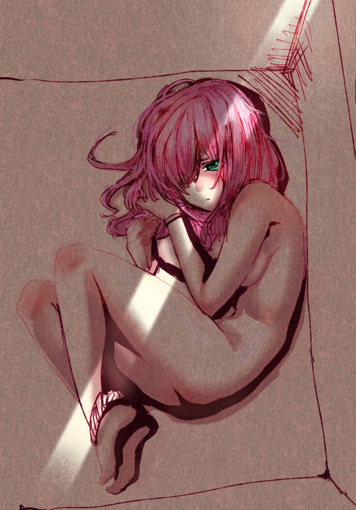bow (bhp), original, 1girl, barefoot, box, breasts, feet, female focus, fetal position, green eyes, in box, in container, legs, long hair, nude, panties, panties around leg, pink hair, shadow, sketch, solo, underwear