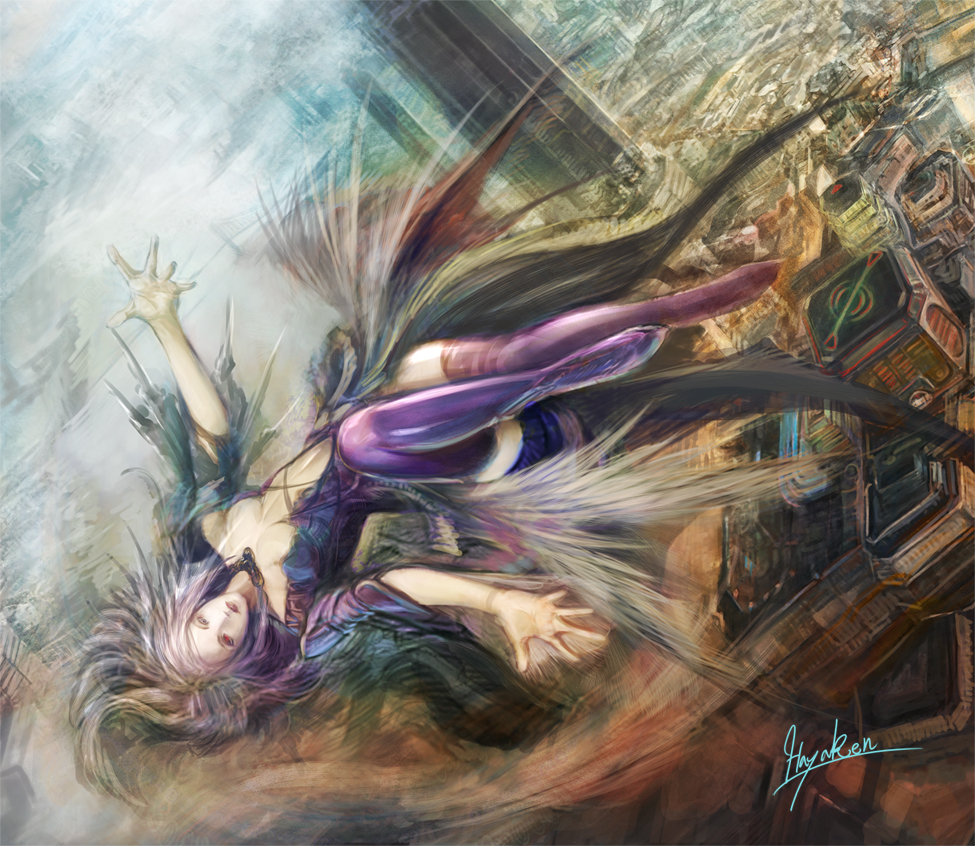 hayaken sarena, original, silver hair, bad id, bad pixiv id, cityscape, dress, flying, jewelry, long hair, necklace, outstretched arms, solo, spread arms, thighhighs