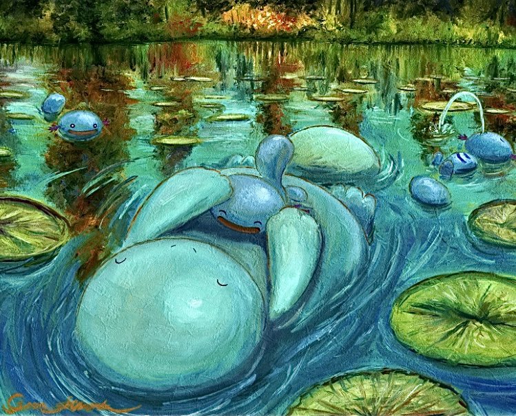 gyura, quagsire, wooper, nintendo, pokemon, ^ ^, afloat, closed eyes, day, gen 2 pokemon, lily pad, no humans, open mouth, outdoors, pokemon (creature), reflection, reflective liquid, ripples, signature, tree, water, water gun (pokemon)