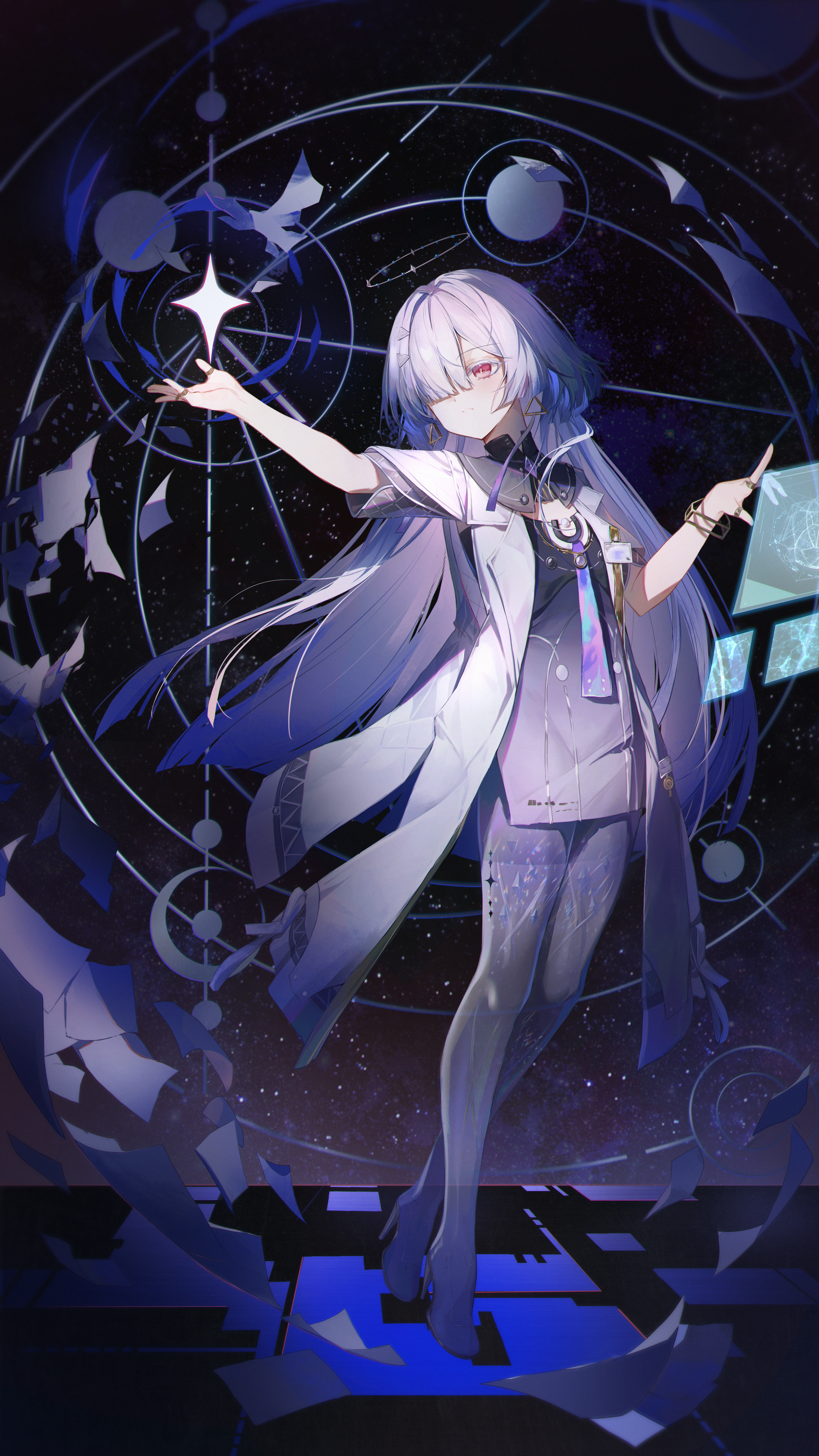 z-bow, mornye (wuthering waves), wuthering waves, absurdres, commentary, highres, 1girl, closed mouth, dress, full body, grey hair, hair over one eye, halo, hand up, holographic interface, id card, jacket, long hair, looking to the side, outstretched arm, purple dress, red eyes, see-through body, solo, tacet mark (wuthering waves), very long hair, white jacket