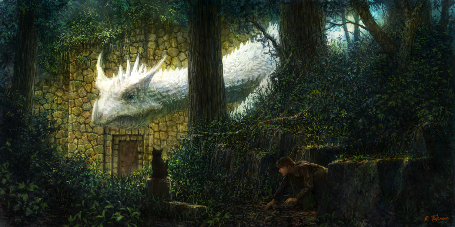 k-takano, original, bad id, bad pixiv id, 1boy, brown hair, castle, cat, crawling, dragon, fantasy, forest, hiding, nature, ponytail