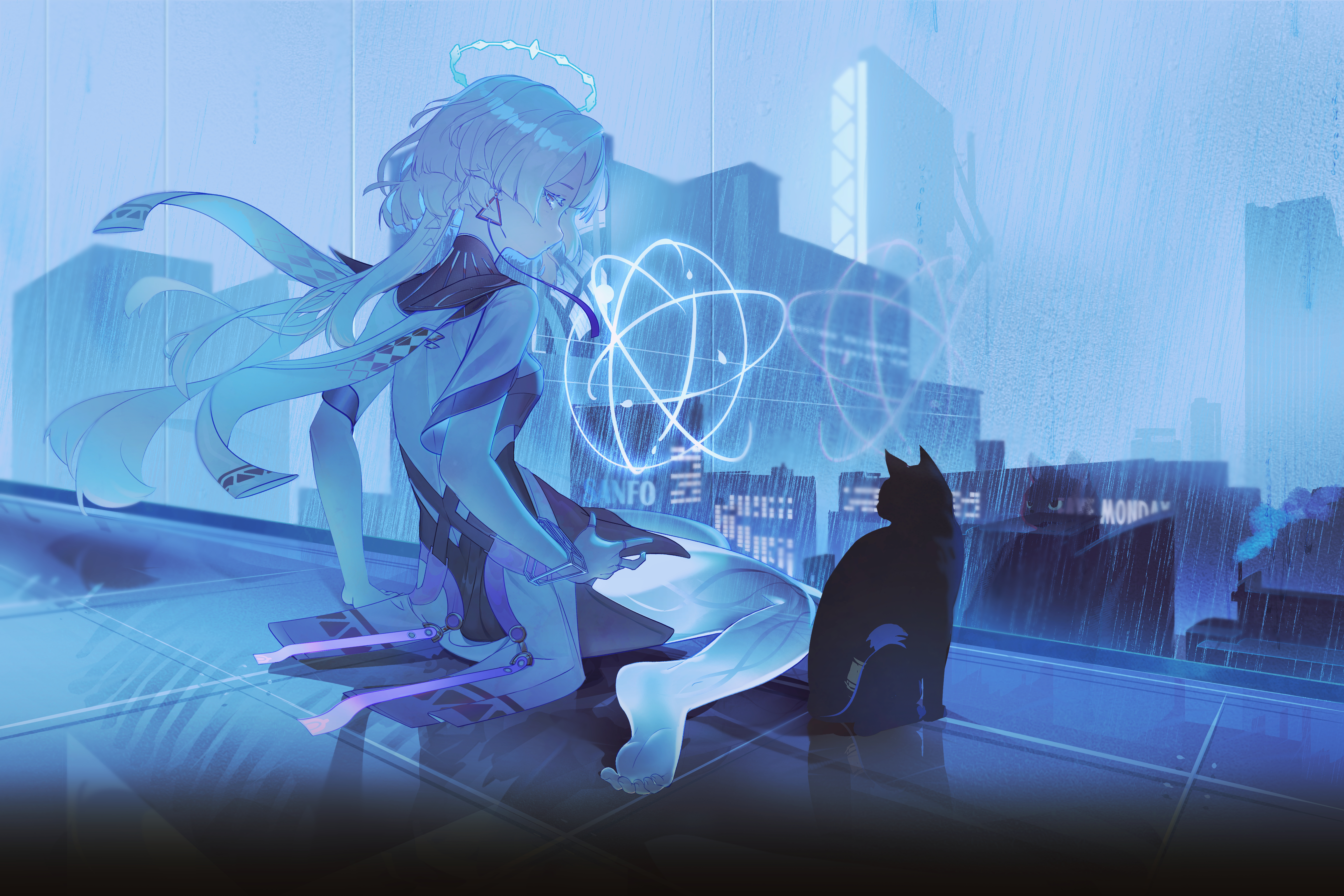 mornye (wuthering waves), wuthering waves, absurdres, commentary request, highres, 1girl, back, barefoot, black cat, blue theme, cat, earrings, feet, from behind, grey hair, halo, jewelry, long hair, miantan xi kangti, see-through body, soles, solo, toes, triangle earrings, window