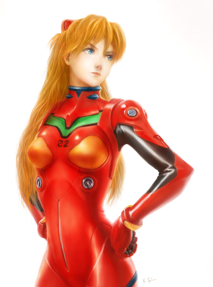 k-takano, souryuu asuka langley, neon genesis evangelion, bad id, bad pixiv id, 1girl, backlighting, blue eyes, bracer, cowboy shot, female focus, hair between eyes, hands on own hips, head tilt, long hair, mecha pilot suit, orange hair, parted bangs, plugsuit (evangelion), realistic, simple background, skin tight, solo, standing, two side up, v-shaped eyebrows, white background